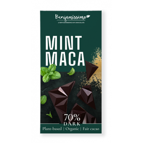 BENJAMISSIMIO BIO VEGÁN FEKETE CSOKOLÁDÉ MENTÁS MACA PORRAL 60 G