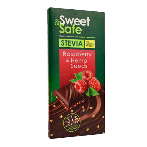Vásároljon Sweet&safe étcsoki málnával,kenderrel,steviával 90g terméket - 933 Ft-ért