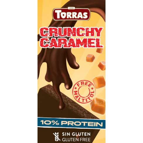 TORRAS CRUNCHY ÉTCSOKOLÁDÉ ÉDESÍTŐSZERREL ÉS EXTRUDÁLT SZÓJAFEHÉRJÉVEL, KARAMELLEL ÉS SÓVAL 100 G